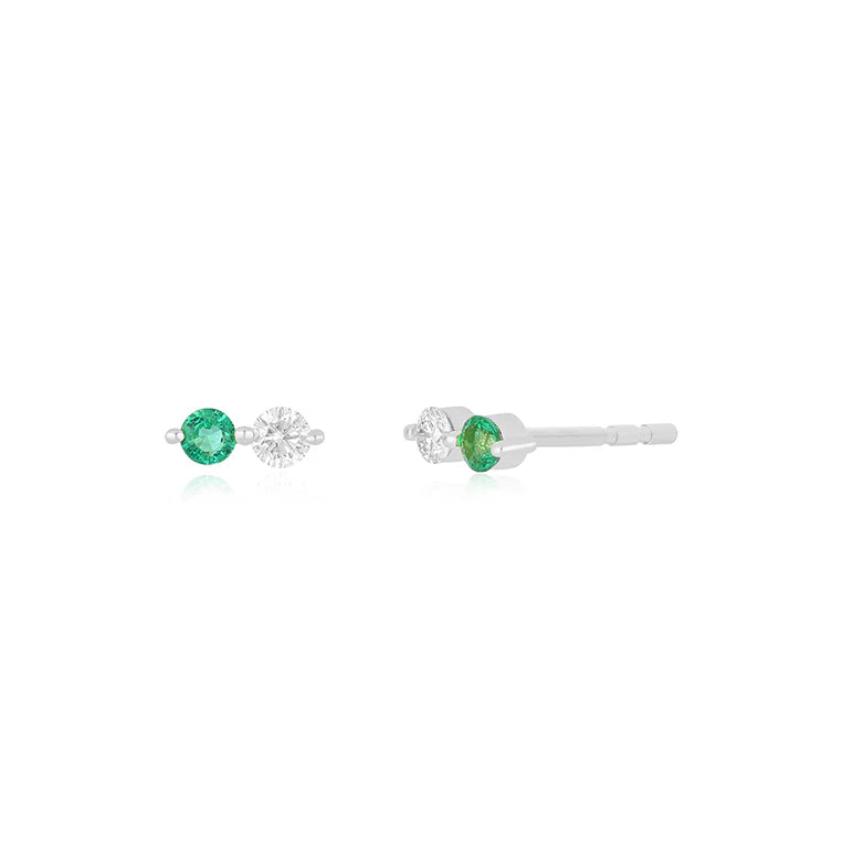 EF Collection Diamond & Emerald Double Stud Earring in white gold in white background. 