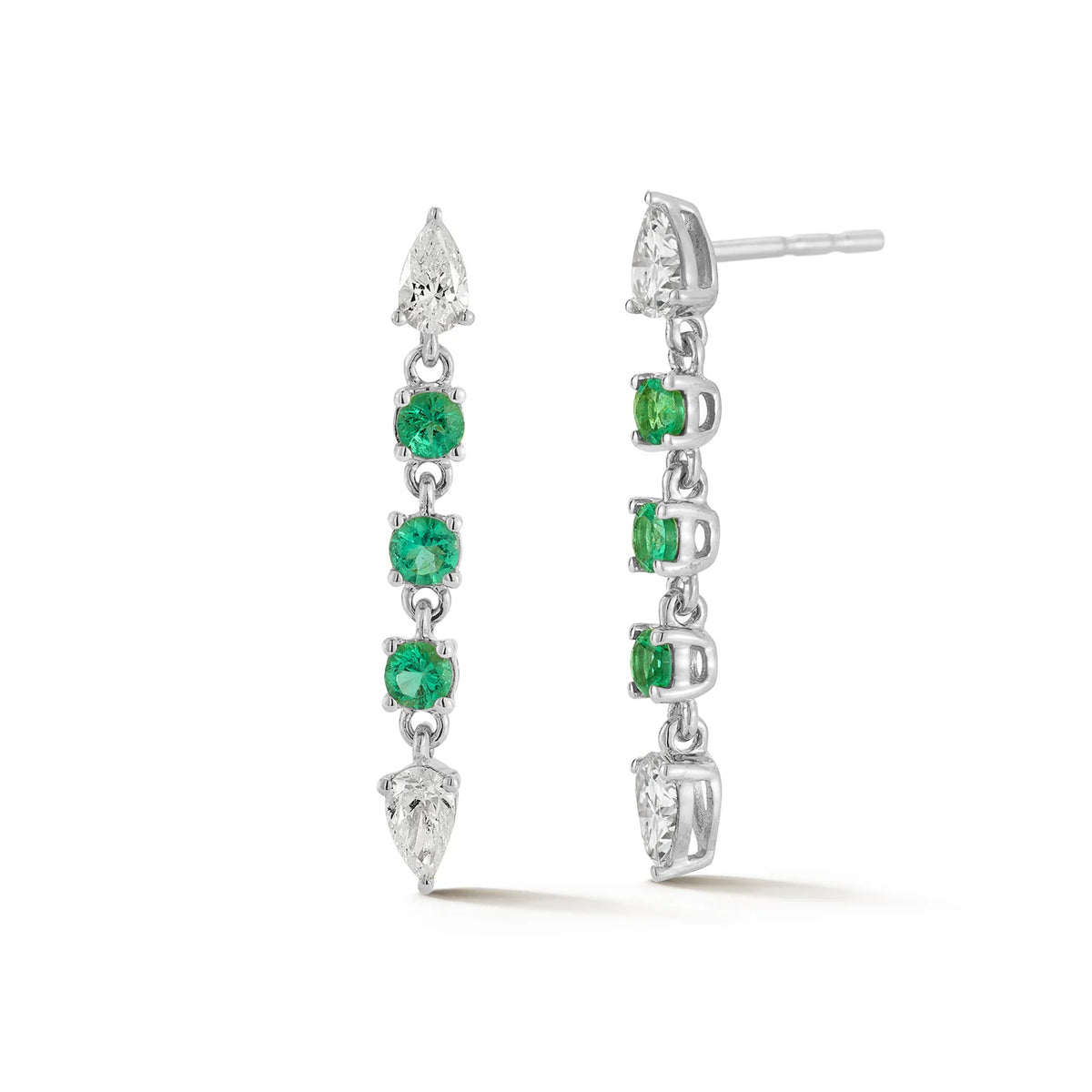 EF-Collection Diamond & Emerald Drop Stud Earrings in white gold on white background 