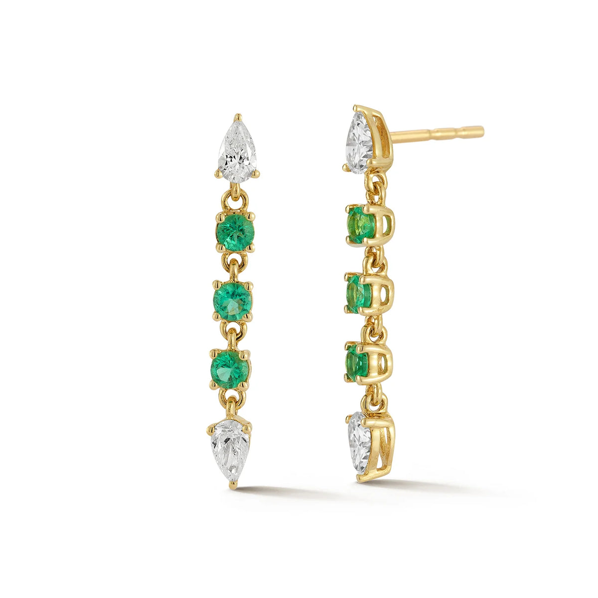 EF-Collection Diamond & Emerald Drop Stud Earrings in yellow gold on white background 