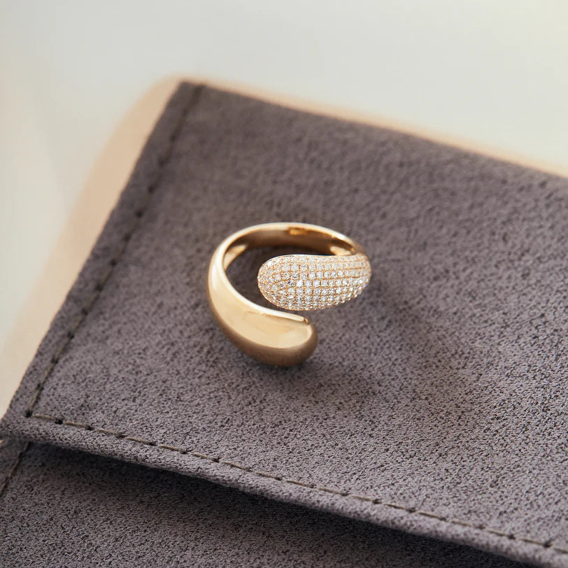 EF-Collection Diamond & Gold Jumbo Double Dome Ring in yellow gold on grey cloth