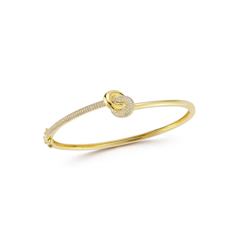 EF Collection Diamond & Gold Jumbo Love Knot Bangle Bracelet in yellow gold on white background