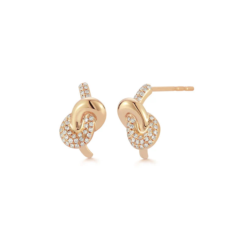 EF Collection Diamond & Gold Love Knot Stud Earrings in rose gold on white background. 