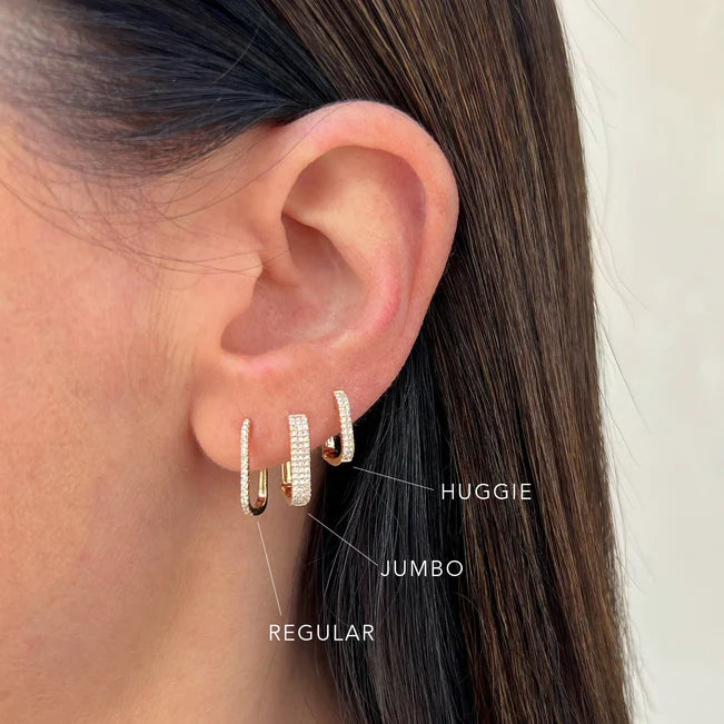 EF Collection Diamond Jumbo Lola Hoop Earring in yellow gold on models ears comparing three lola hoops. 