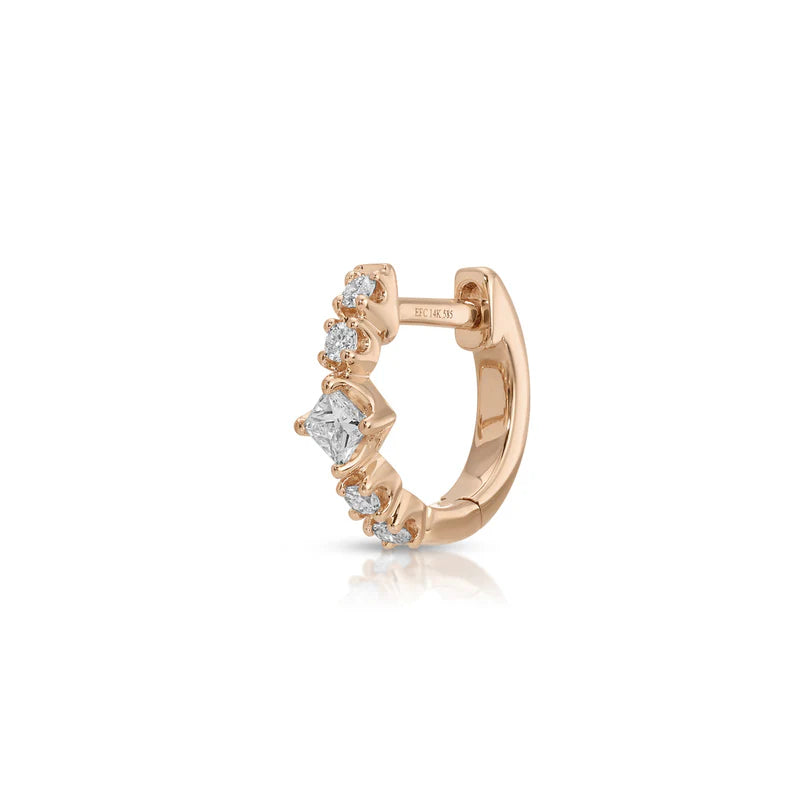 Single EF Collection Diamond Kate Mini Huggie Earrings in rose gold on white background. 