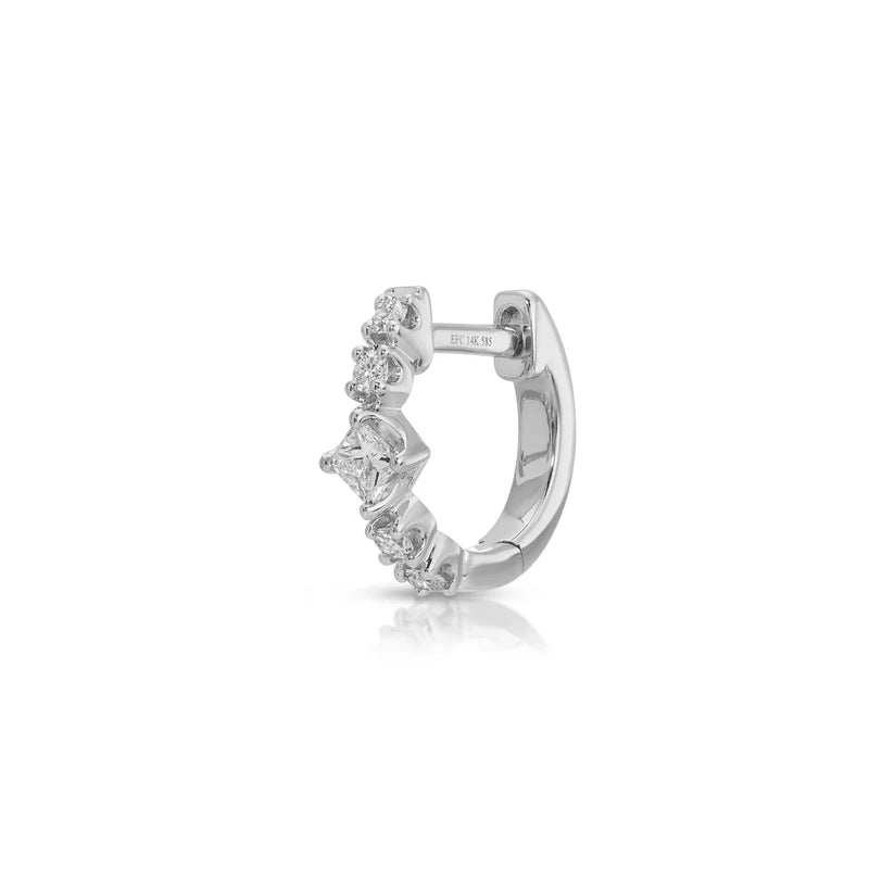 Single EF Collection Diamond Kate Mini Huggie Earrings in white gold on white background. 
