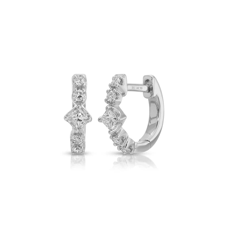 EF Collection Diamond Kate Mini Huggie Earrings in white gold on white background. 