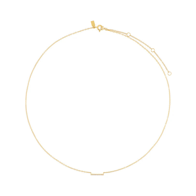 Full photo of EF Collection Diamond Mini Bar Necklace in yellow gold on white background. 
