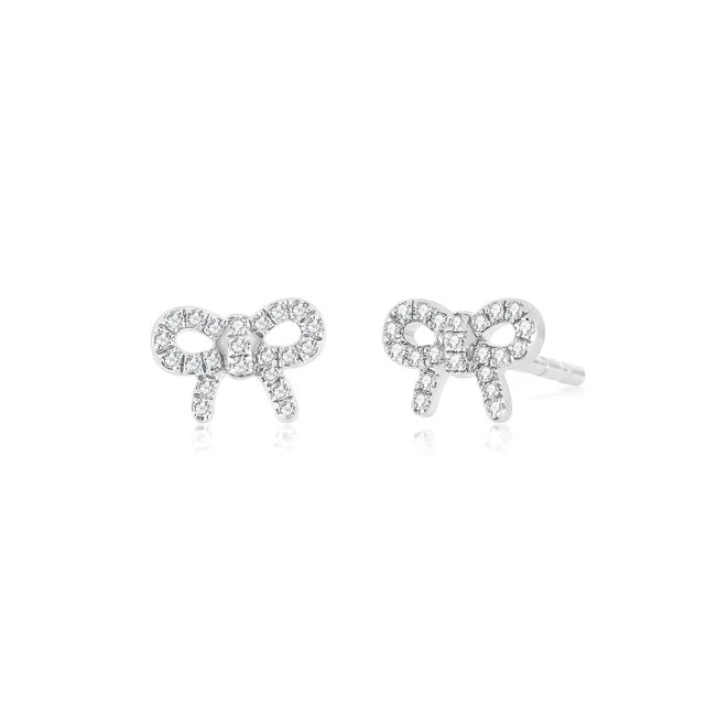 EF Collection Diamond Mini Bow Stud Earring in white gold on white background. 