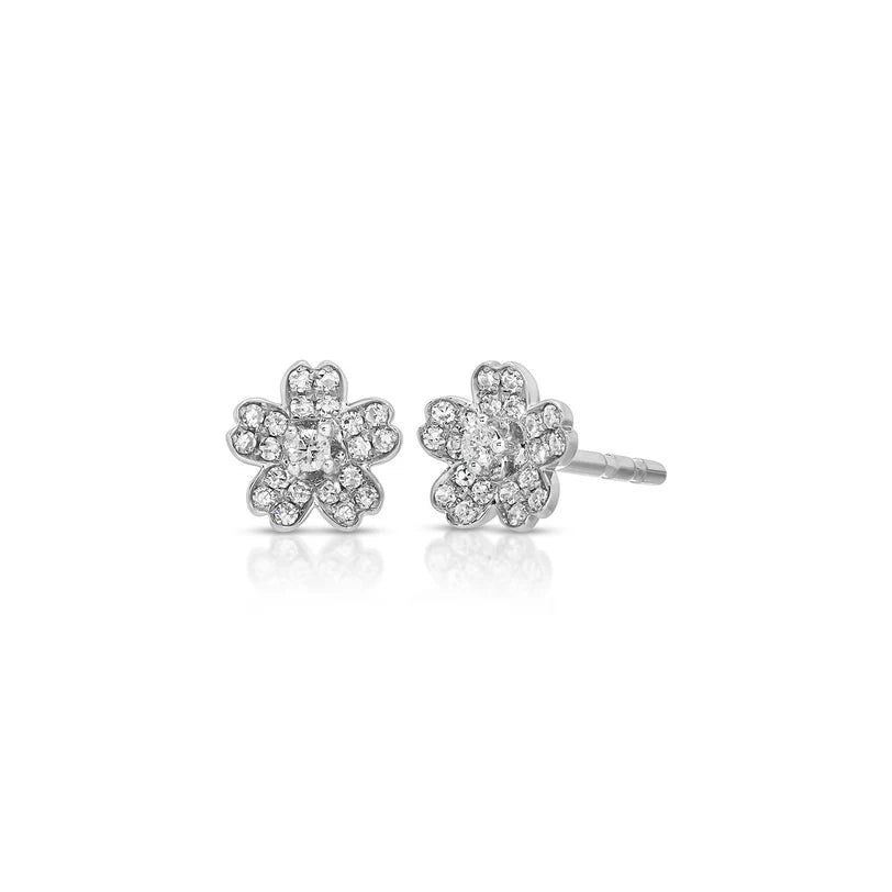EF Collection Diamond Mini Cherry Blossom Stud Earring in white gold on white background. 