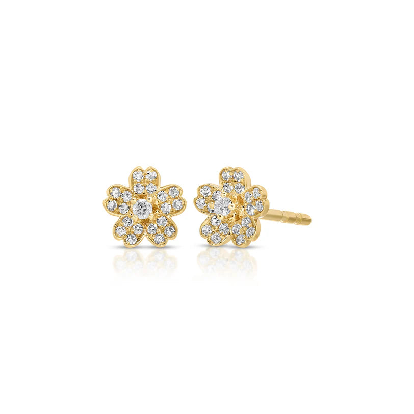 EF Collection Diamond Mini Cherry Blossom Stud Earring in yellow gold on white background. 