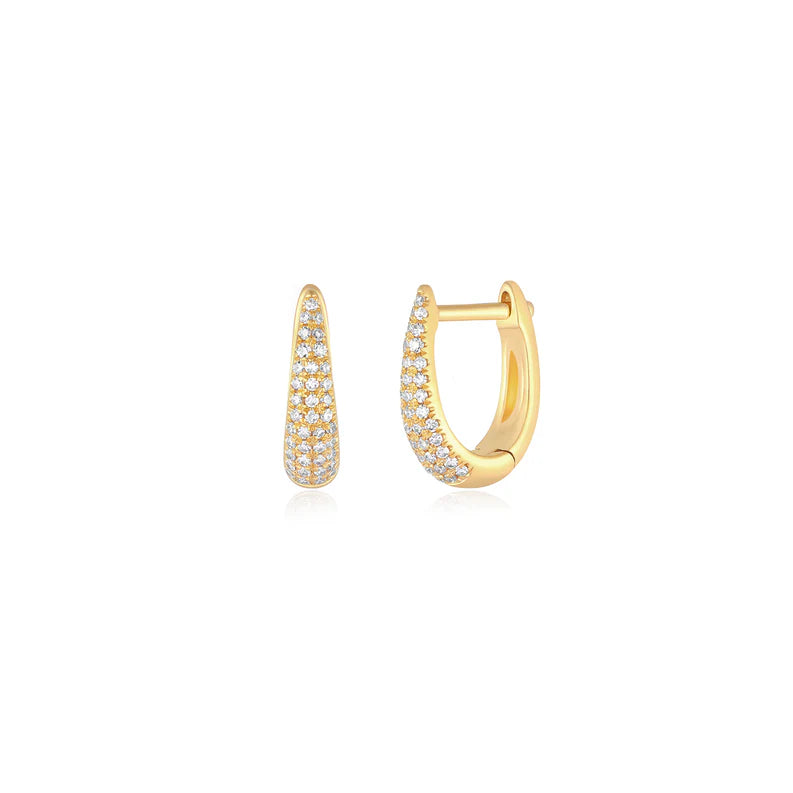 EF Collection Diamond Mini Maeve Huggie Earrings in yellow gold displayed on white background 