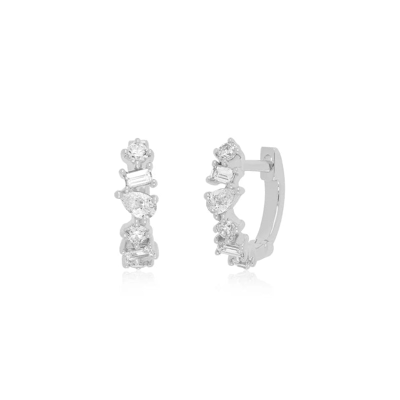 EF Collection Diamond Multifaceted Mini Huggie Earring in white gold displayed on white background. 