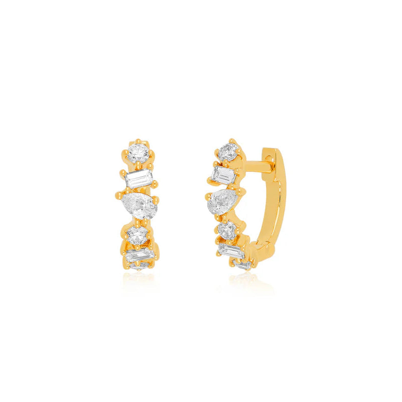 EF Collection Diamond Multifaceted Mini Huggie Earring in yellow gold displayed on white background. 