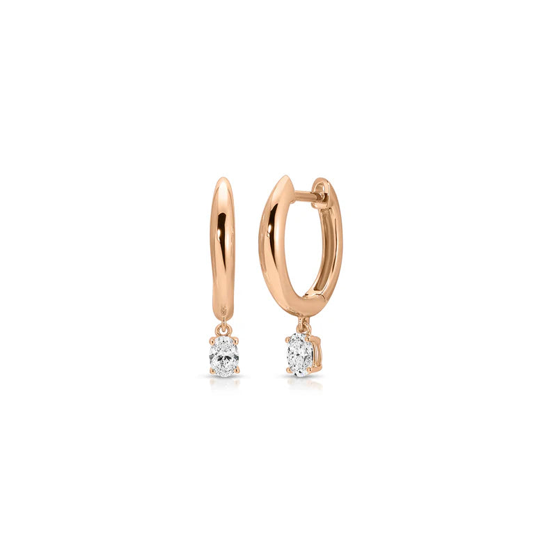 EF Collection Diamond Oval Drop Gold Dome Huggie Earring in rose gold on white background. 