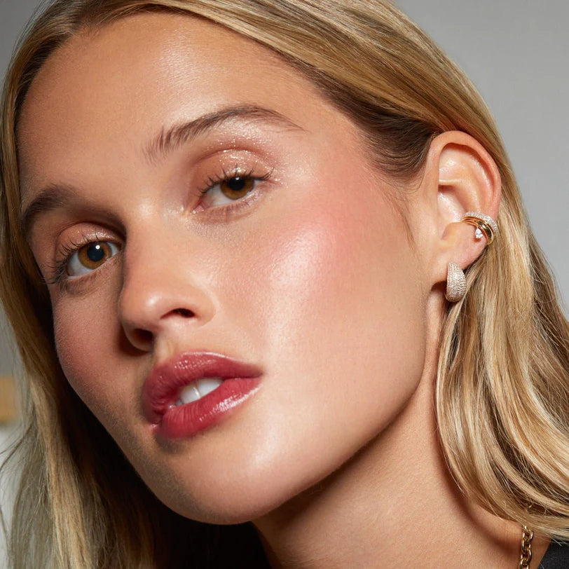 EF Collection Diamond Pear Drop Gold Ear Cuff in yellow gold styled on models ear. 