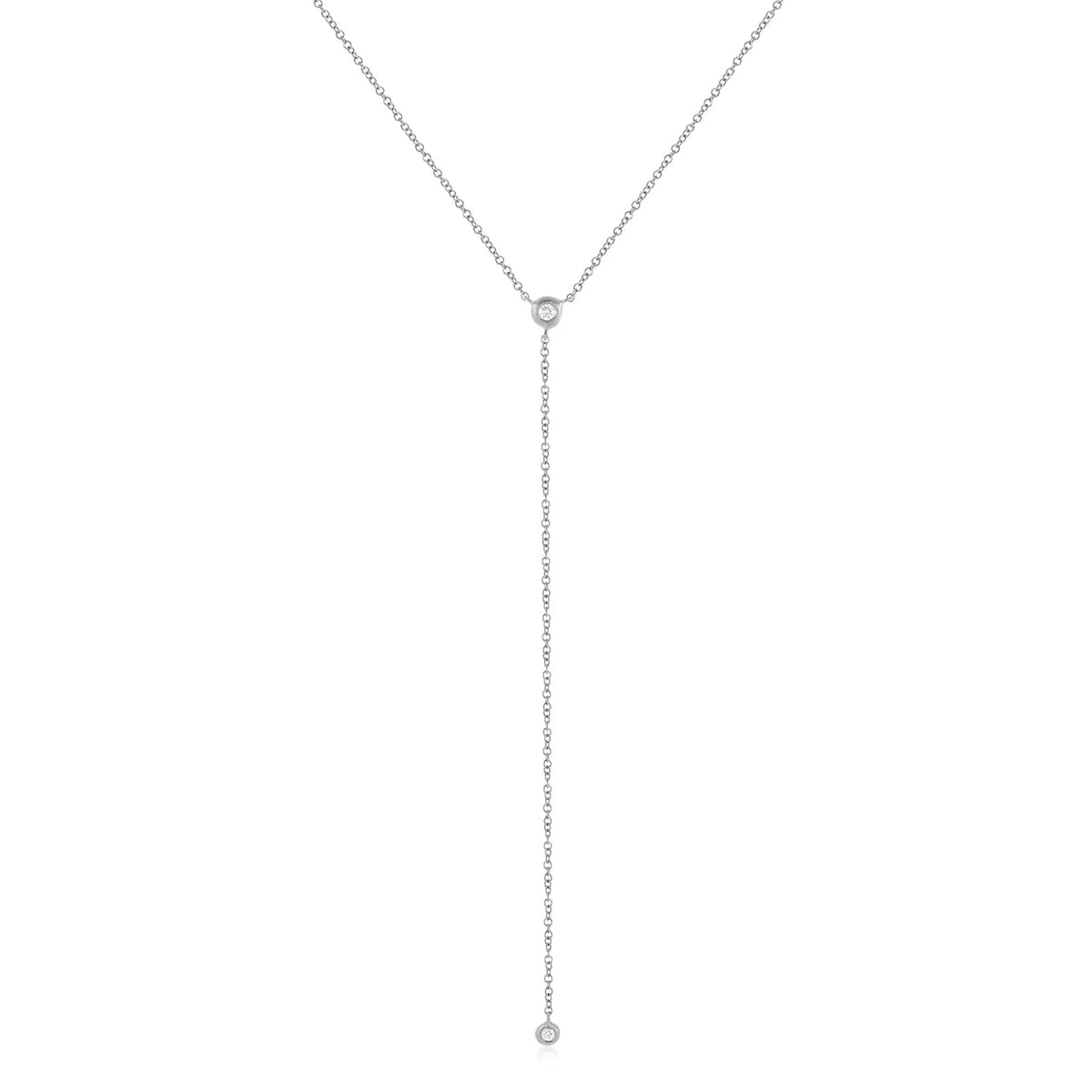EF-Collection Diamond Pillow Lariat Necklace in white gold on white background 