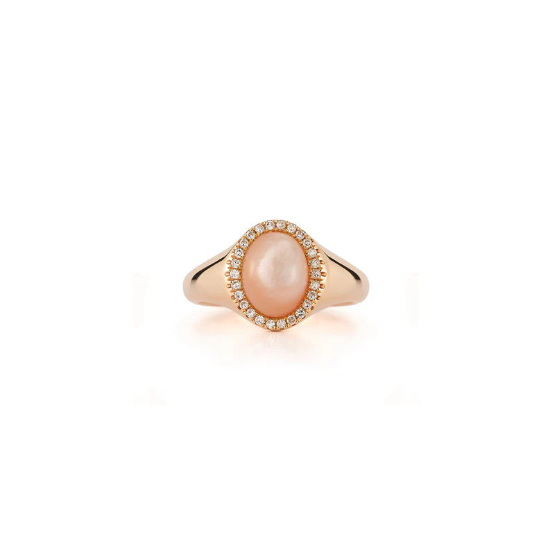 EF Collection Diamond & Pink Mother Of Pearl Cabochon Signet Ring in rose gold on white background.