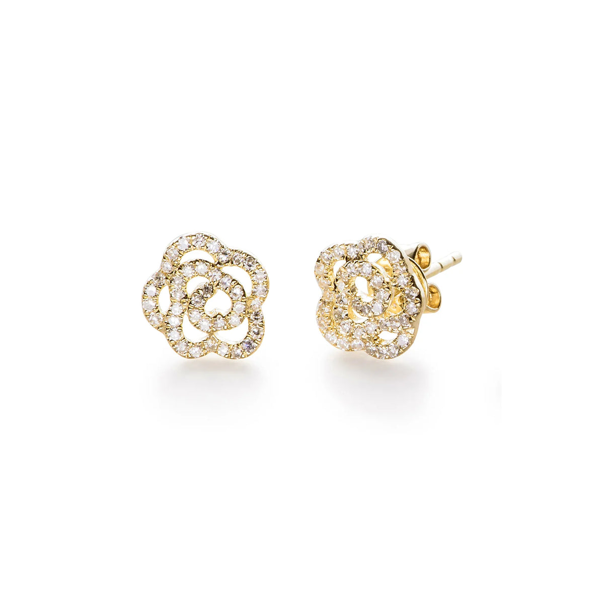 EF-Collection Diamond Rose Stud Earring in yellow gold on white background