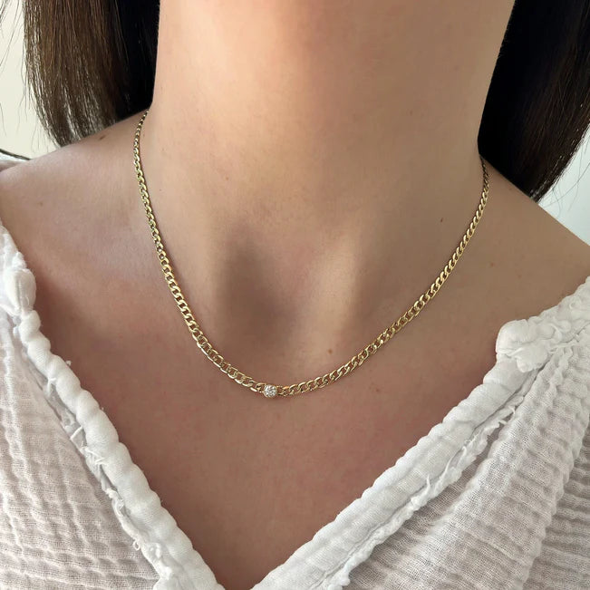 Single EF Collection Diamond Sari Necklace in yellow gold on models neck 