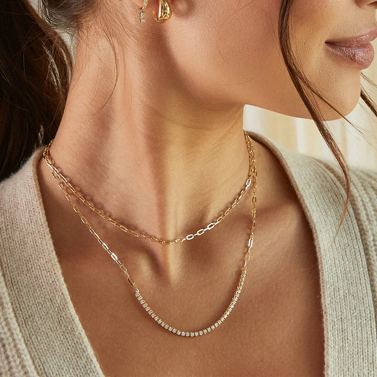EF Collection Diamond Segment Mini Link Necklace in yellow gold styled on models neck. 
