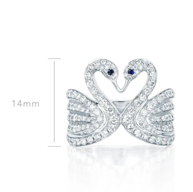 EF-Collection Diamond Swan Ring in white gold on white background with dimensions 