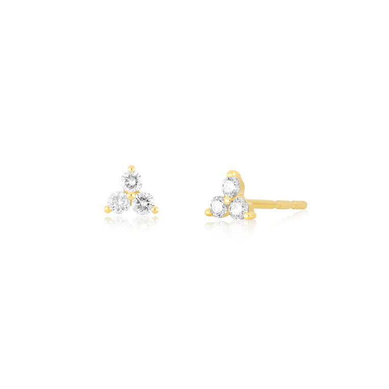 EF Collection Diamond Trio Stud Earring in yellow gold on white background. 
