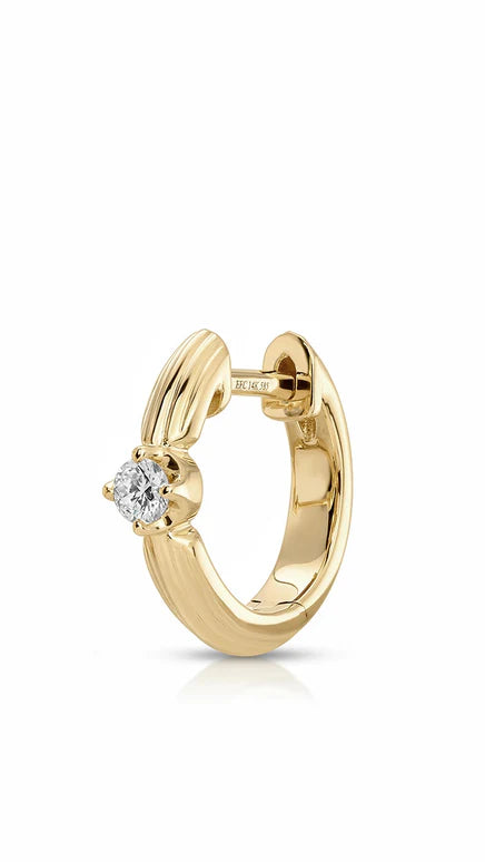 Single EF-Collection Diamond Zoe Huggie Earrings in yellow gold on a white background 