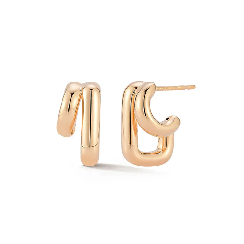 EF Collection Double Gold Jumbo Huggie Earring in rose gold on white background. 