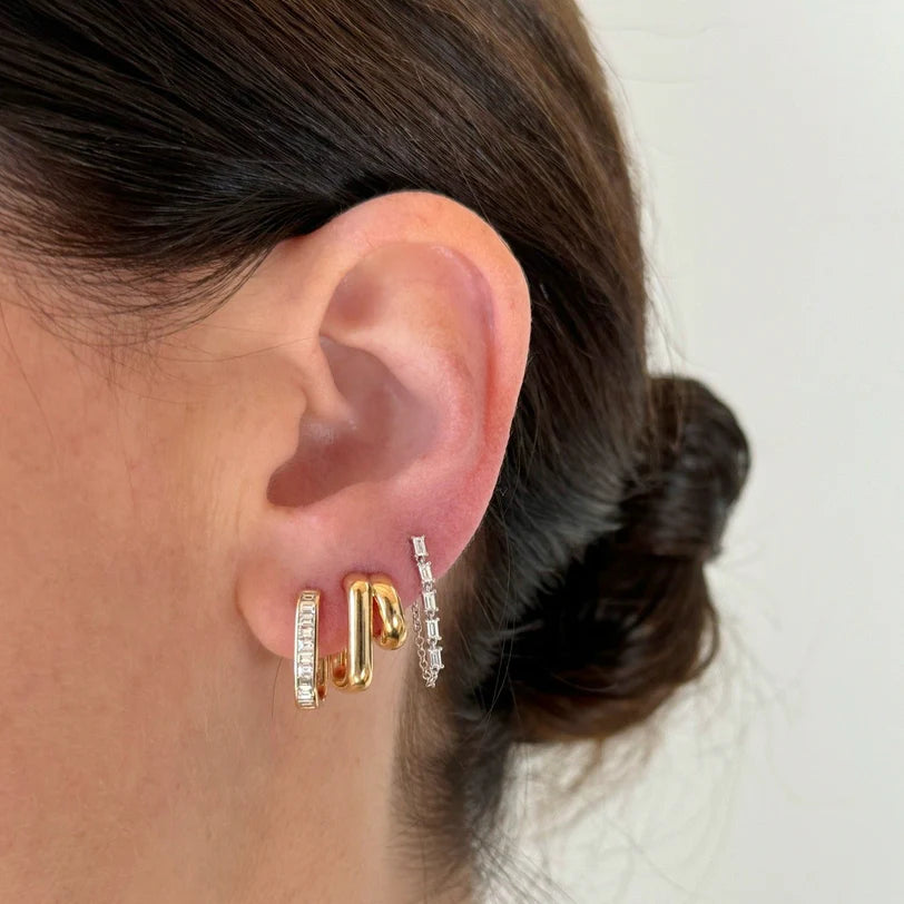Single EF Collection Double Gold Jumbo Huggie Earring in yellow gold styled with diamond huggies. 