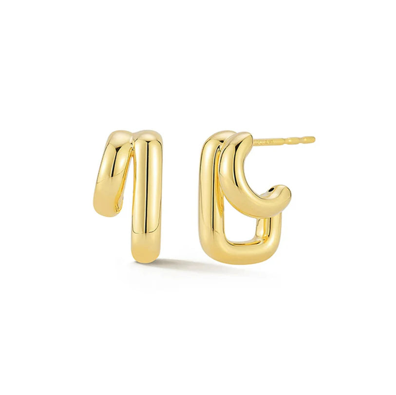 EF Collection Double Gold Jumbo Huggie Earring in yellow gold on white background. 