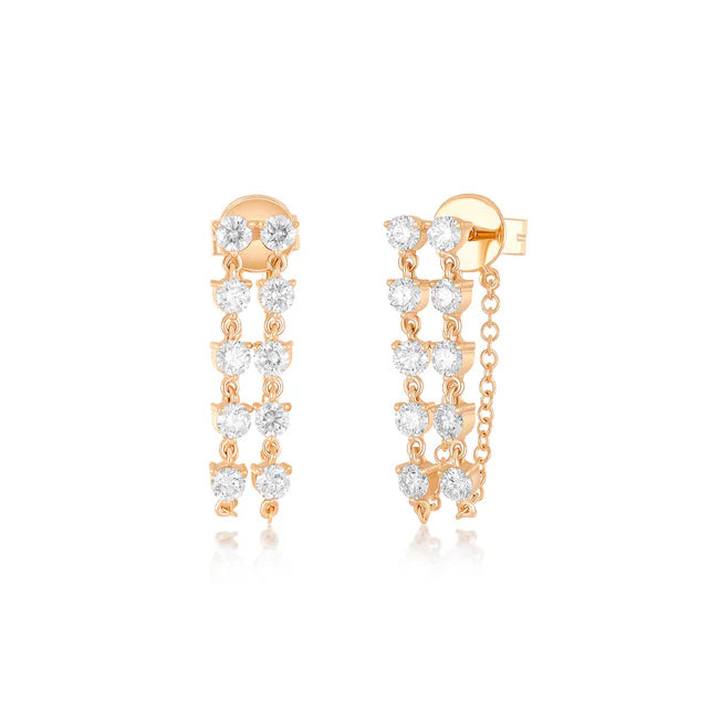 EF Collection Double Multi Diamond Chain Stud Earring in rose gold on white background.