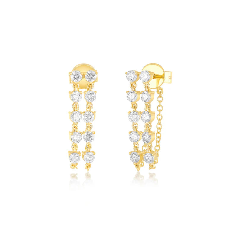 EF Collection Double Multi Diamond Chain Stud Earring in yellow gold on white background.