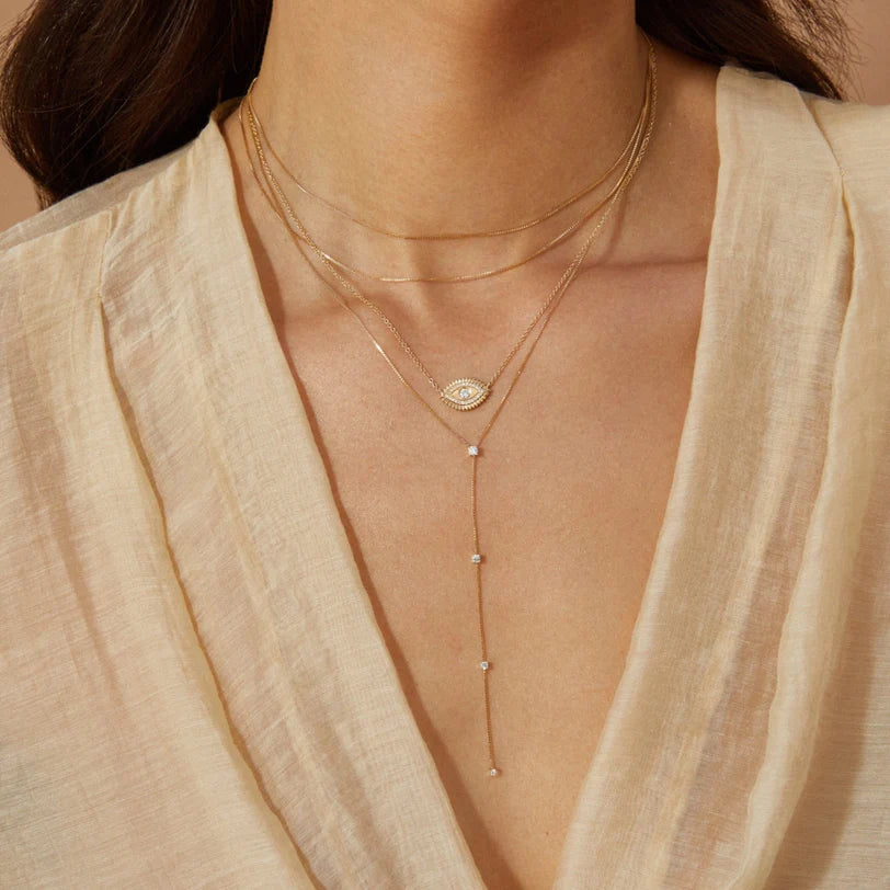 EF-Collection Double Strand Liquid Gold Necklace in yellow golds styled on models neck 