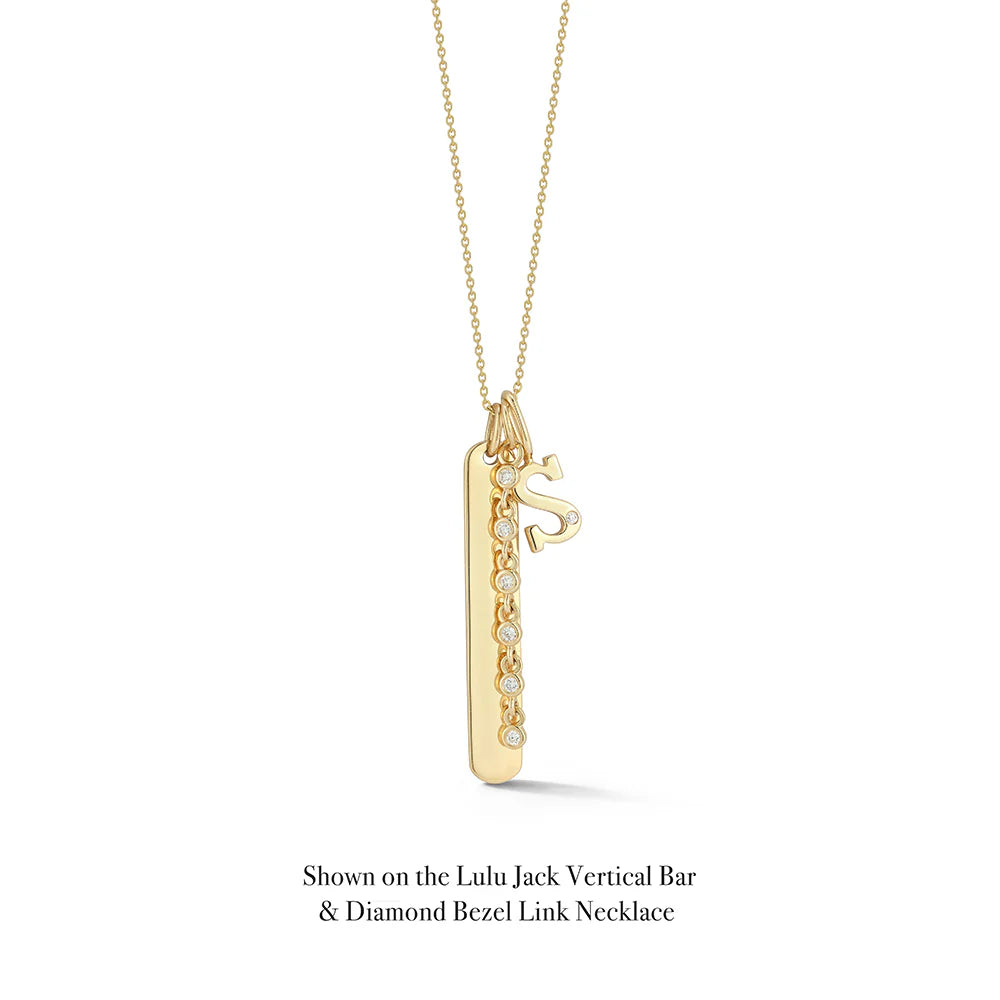 Dana Rebecca Designs DRD Gold Initial Charm in yellow gold with the Lulu Jack Vertical Bar & Diamond Bezel Link Necklace 
