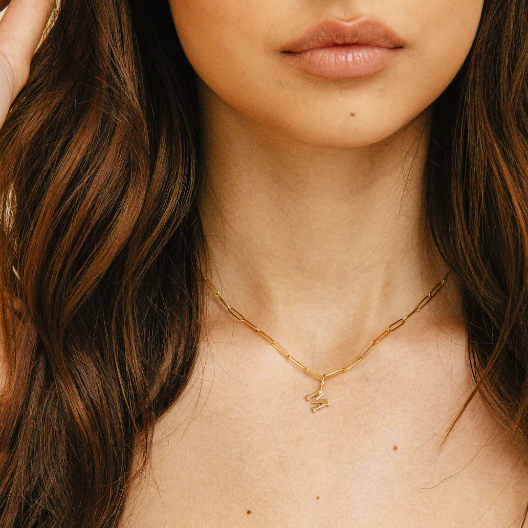 Dana Rebecca Designs DRD Gold Initial Charm in yellow gold on models neck on yellow gold chain  