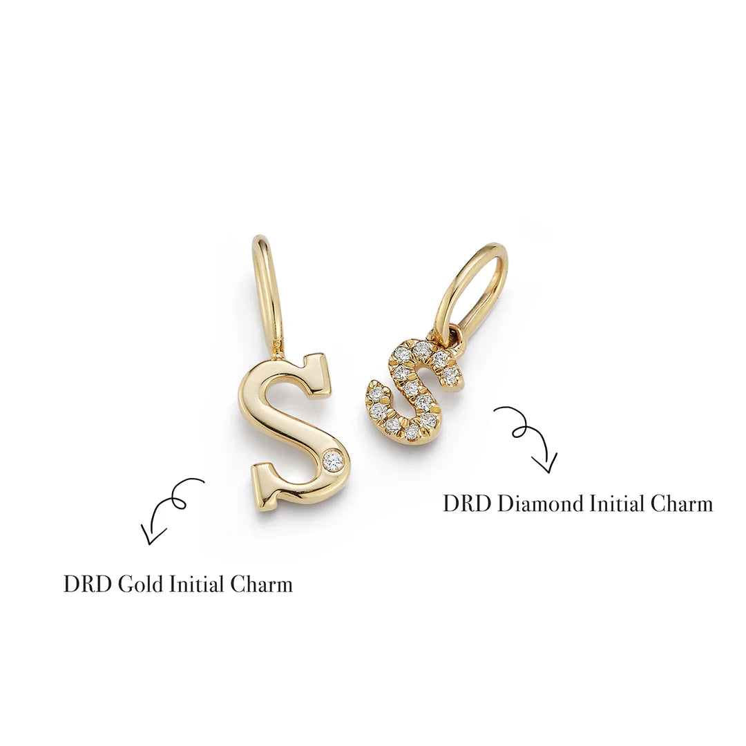 Dana Rebecca Designs DRD Gold Initial Charm in yellow gold on white background compared with the DRD Diamond Initial Charm 