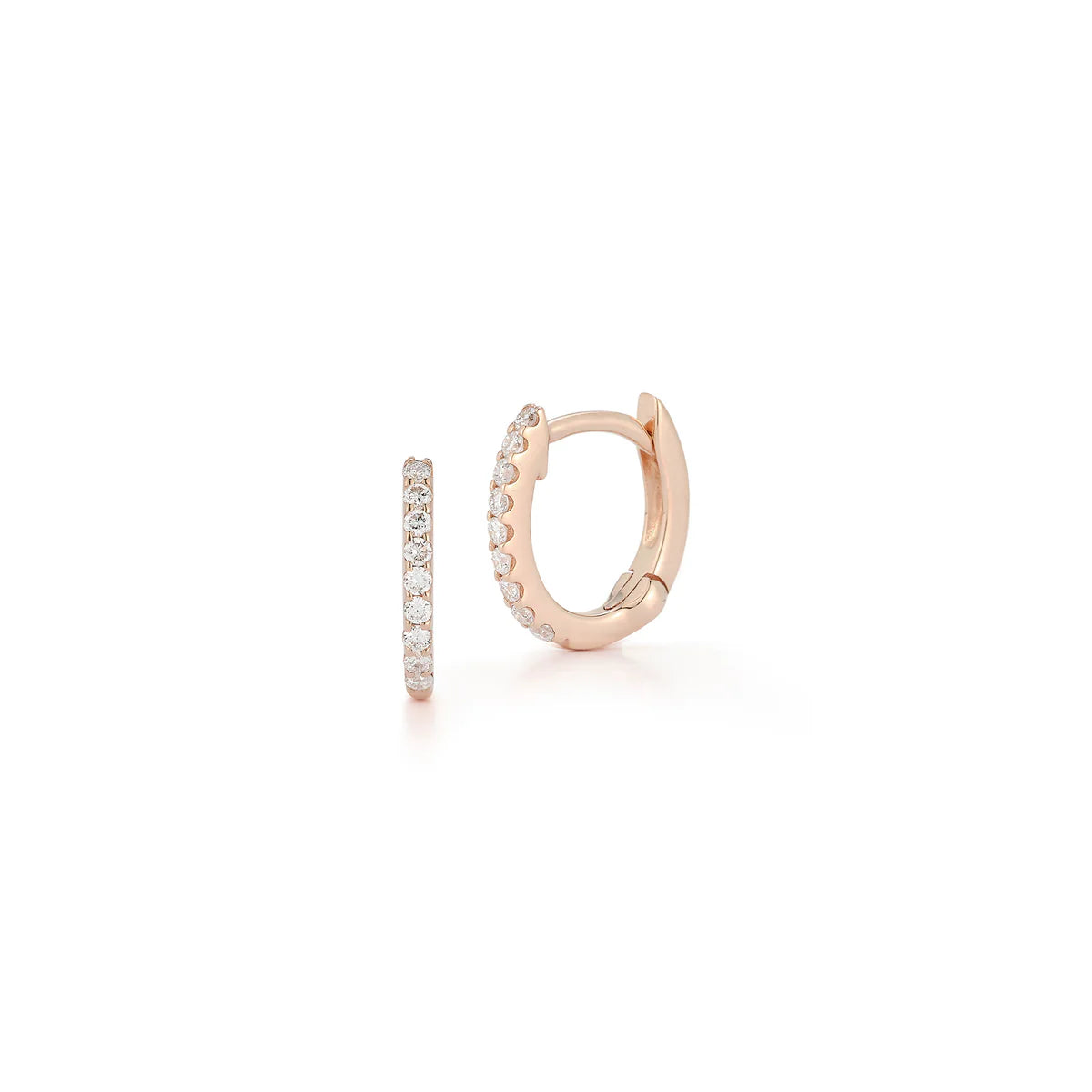 product shot of Dana Rebecca Designs rose Gold Diamond Huggies on white background 
