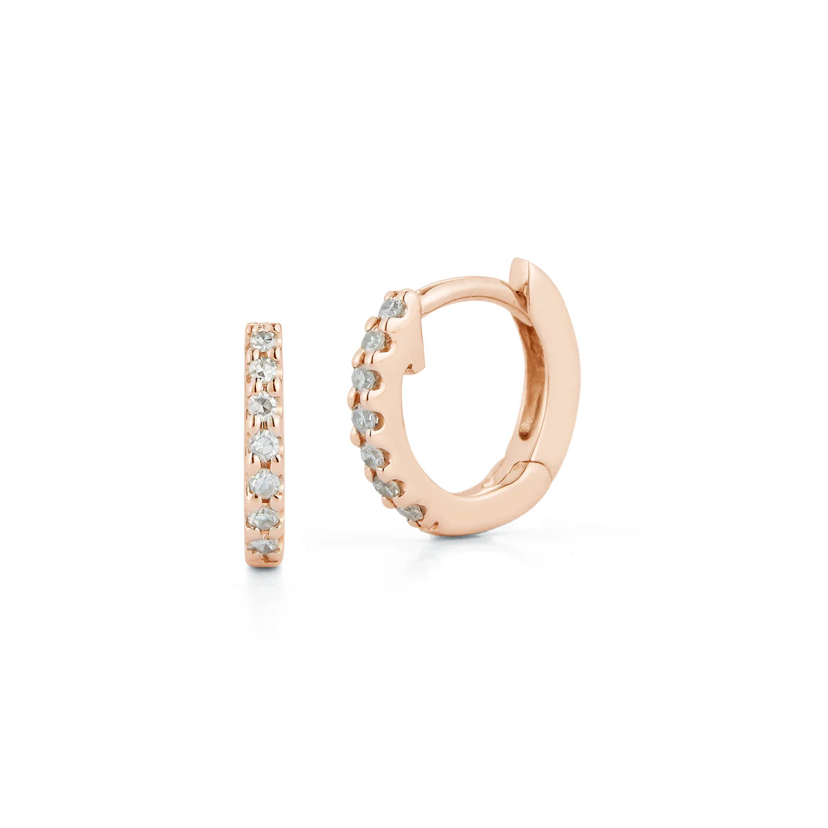 product shot of DRD Diamond Mini Huggies in 14K rose Gold on white background