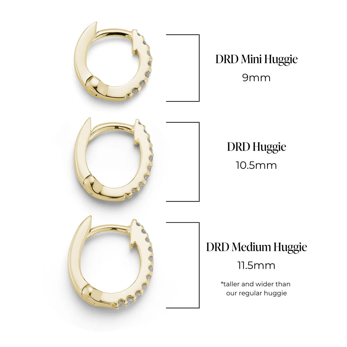 size chart of drd diamond huggies on white background 