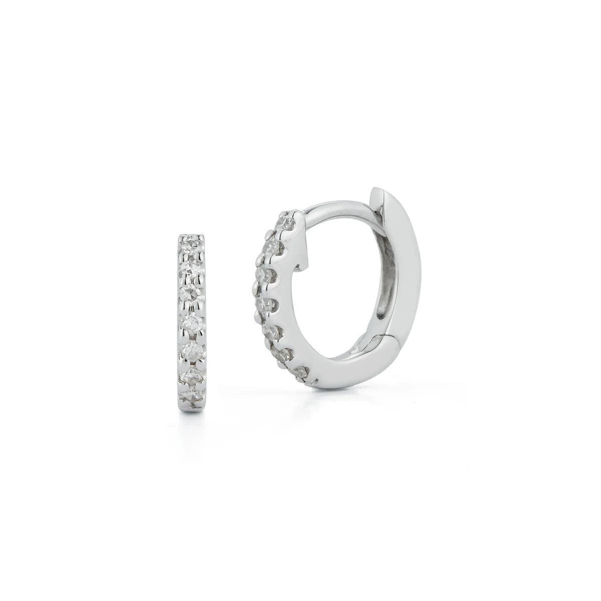 product shot of DRD Diamond Mini Huggies in 14K white Gold on white background