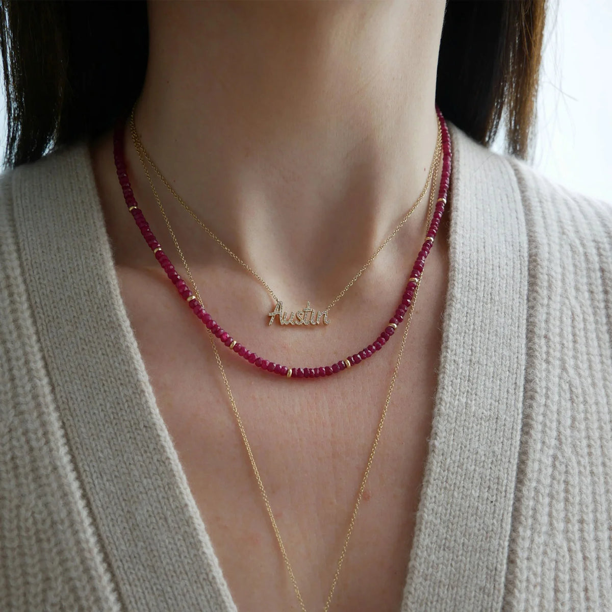 EF-Collection Birthstone Bead Necklace In Ruby styled on models neck 