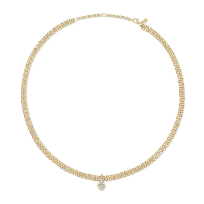 Full picture of EF-Collection Diamond Daphne Double Chain Necklace in yellow gold with yellow gold pendant on white background 