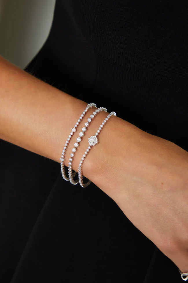 EF-Collection Diamond Kate Eternity Bracelet in white gold styled on models wrist 
