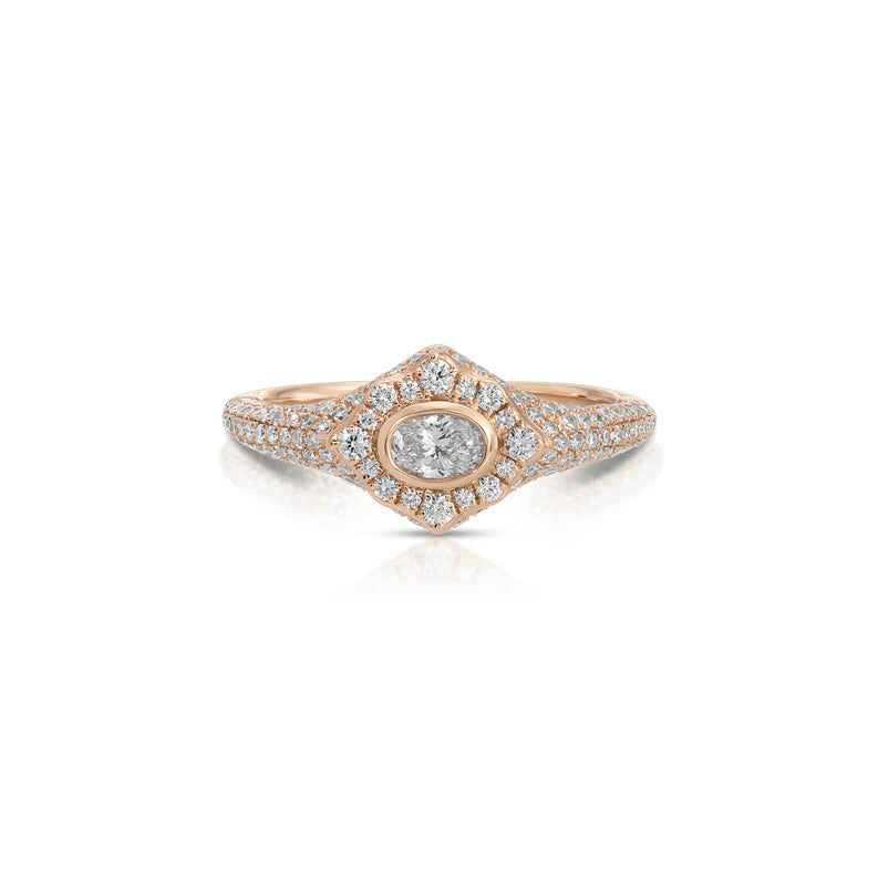 EF-Collection Oval Diamond Daphne Signet Ring in rose gold on white background 