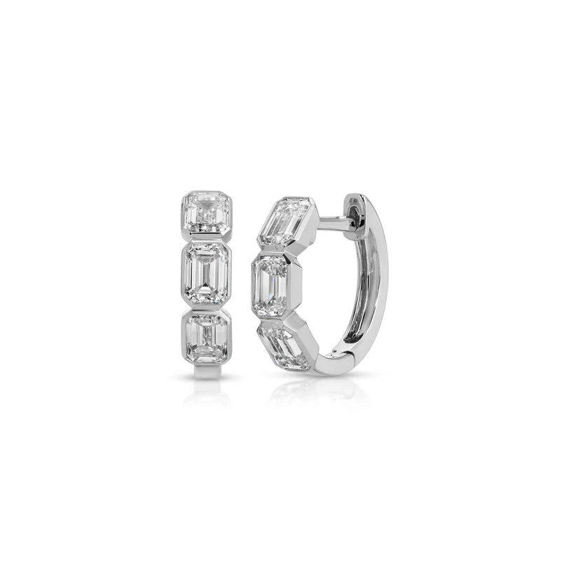 Ef collection Emerald Cut Diamond Bezel Mini Huggie Earrings in white gold displayed on a white background. 