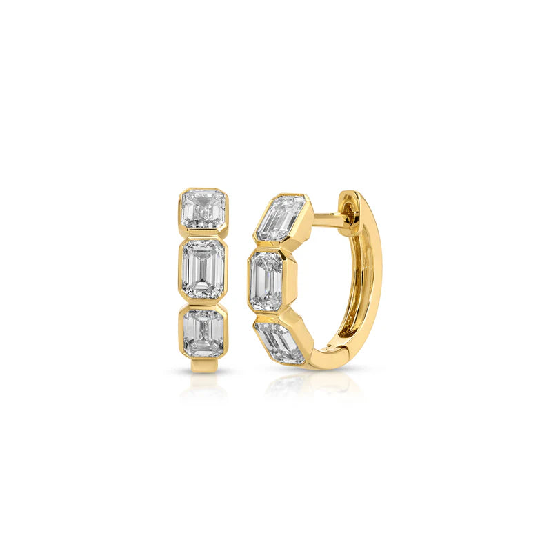 Ef collection Emerald Cut Diamond Bezel Mini Huggie Earrings in yellow gold displayed on a white background. 