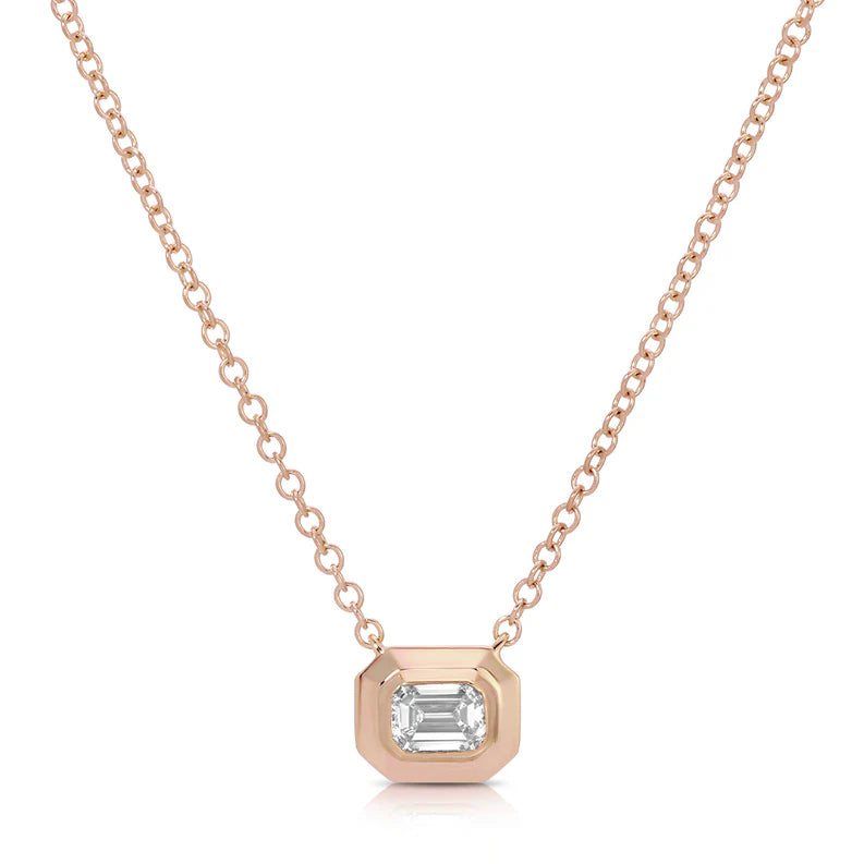 EF Collection Emerald Cut Diamond Necklace in rose gold on white background. 
