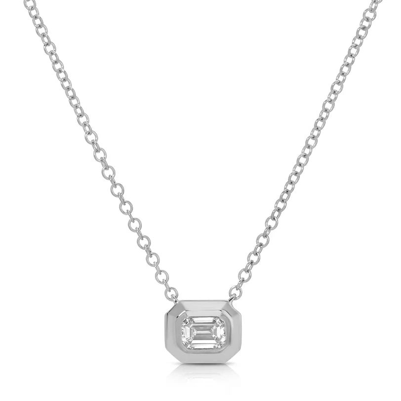 EF Collection Emerald Cut Diamond Necklace in white gold on white background. 
