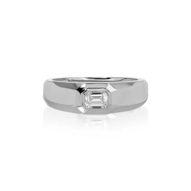 EF Collection Emerald Cut Diamond Signet Ring in white gold on white background. 
