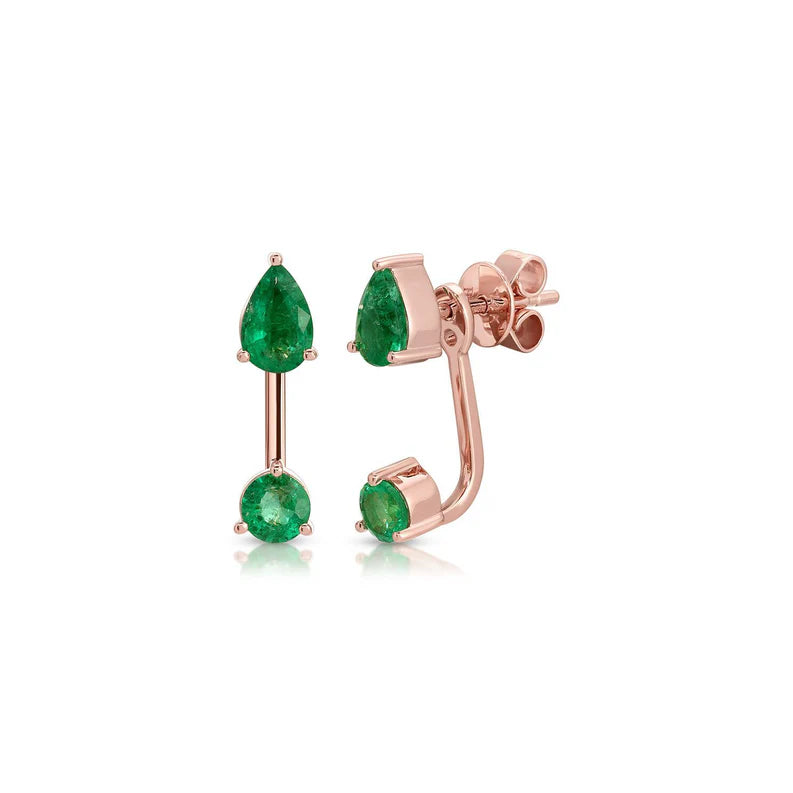 product shot of EF-Collection Emerald Pear and Round Illusion Stud Earrings in rose gold on white background